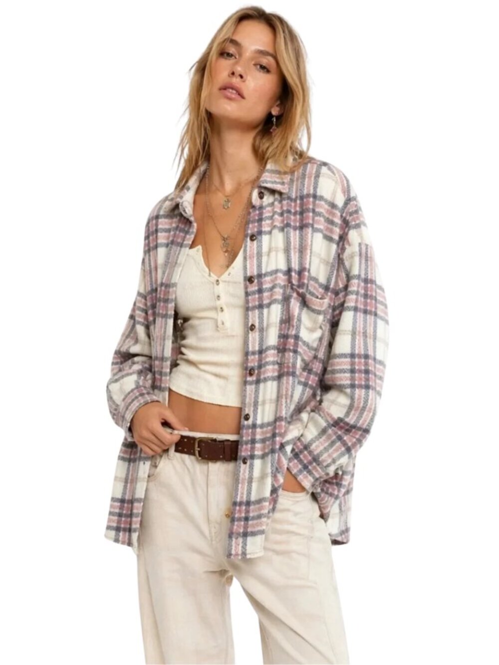Style Rack Houndstooth Plaid Wool Shacket Shirt Jacket Women's Medium Ivory Boho
